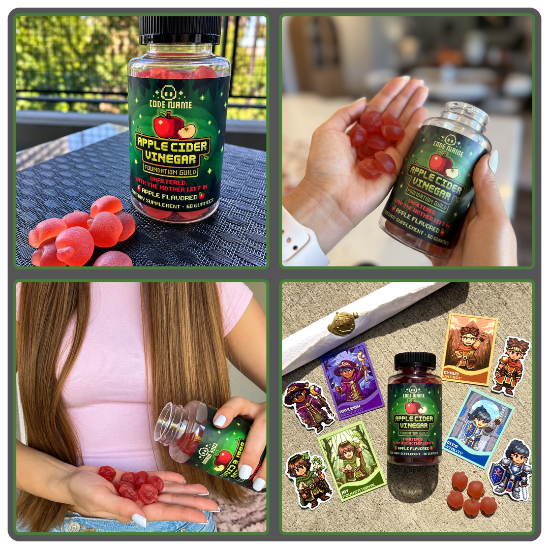 Apple-shaped ACV gummies and jar, four creator photos - Code Name Apple Cider Vinegar