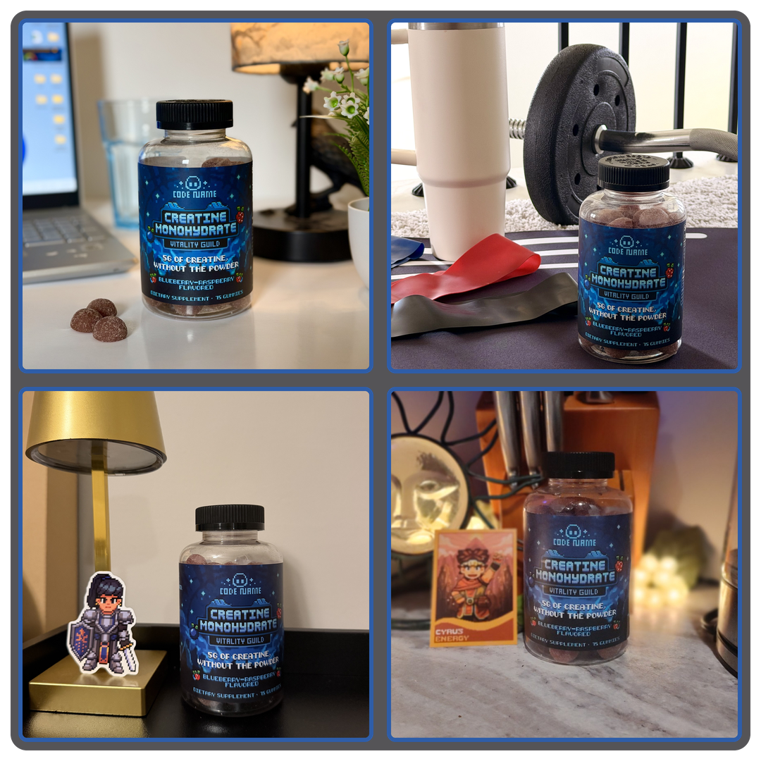 Creatine gummies and jar at the desk, gym and nightstand, four creator photos - Code Name Creatine Monohydrate