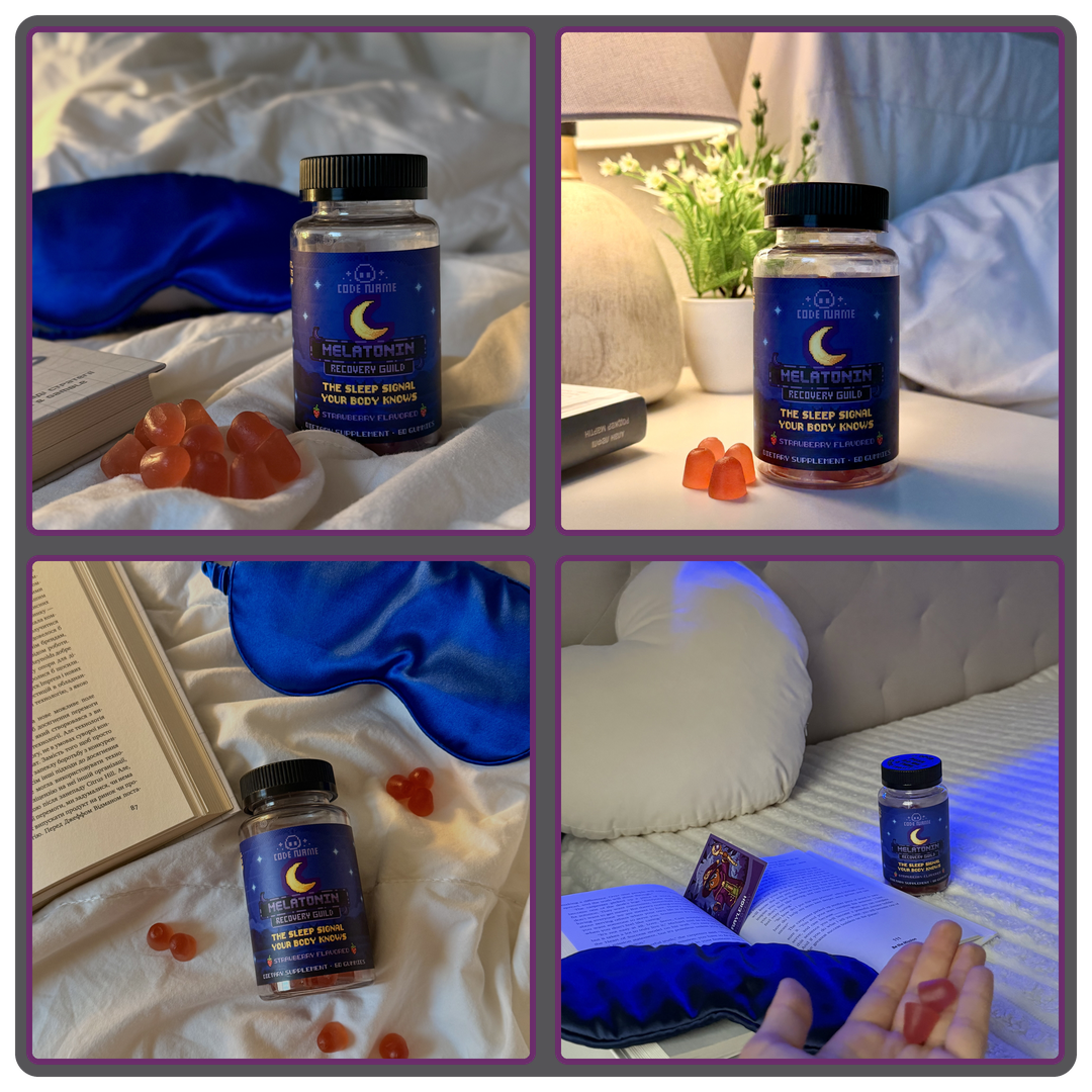 Melatonin gummies and jar by the bed and nightstand, four creator photos - Code Name Melatonin
