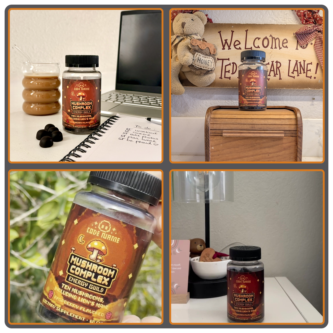 Mushroom Complex gummies and jar at the desk, kitchen and outdoors, four creator photos - Code Name Mushroom Complex