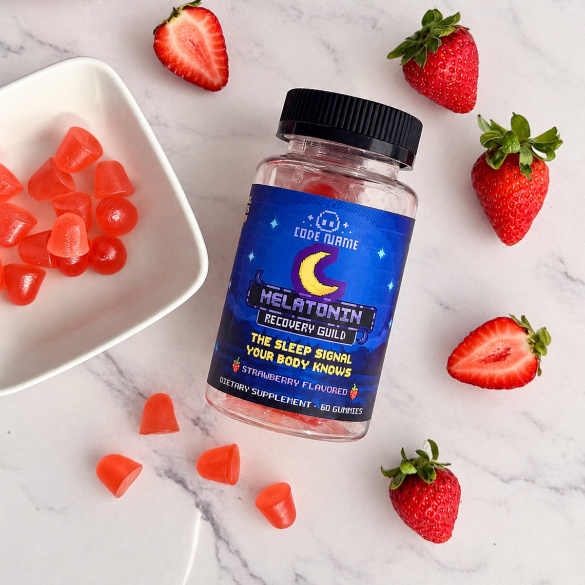 A jar of Code Name Melatonin on marble with strawberries and gummies